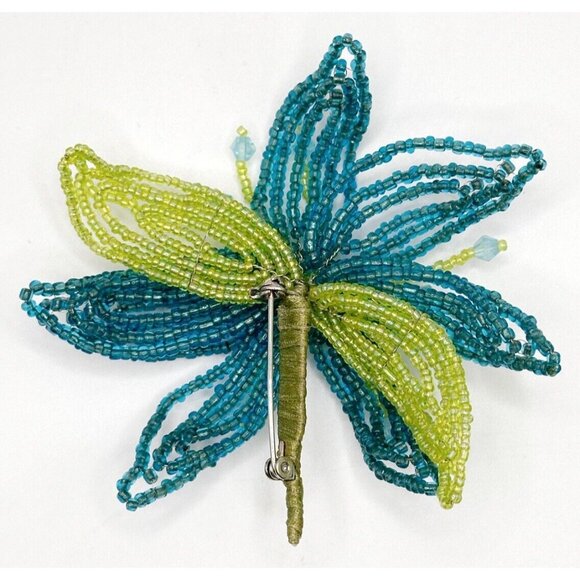 Large Handcrafted Blue Green Seed Bead Flower Floral Brooch Pin Statement Piece - Picture 2 of 2